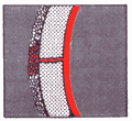 Пенетрант проходит сквозь полости 	дефектов     на     противоположную сторону, что    можно    наблюдать    в    виде красного следа на фоне контрастного белого 	Проявителя